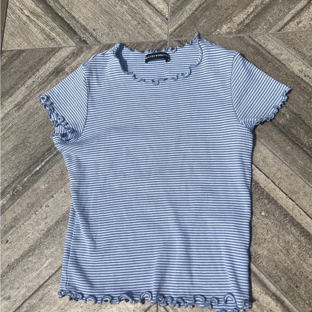 Brandy Melville- blue and white striped ruffled top